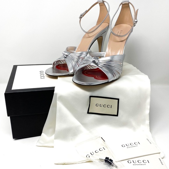 GUCCI Crawford Knotted Leather Silver Metallic Strap Heel Sandals - Picture 10 of 11